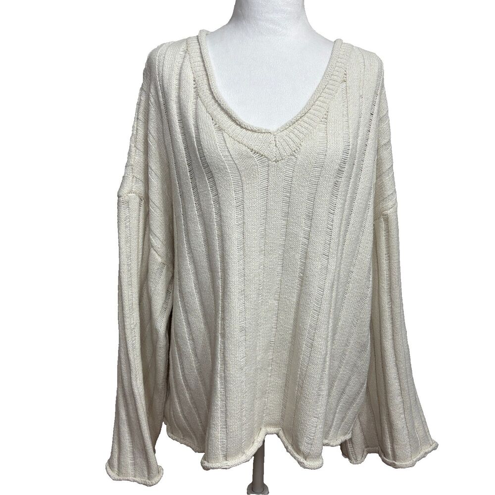 Rolled Hem Sweater Cream V-Neck‎ Wide Ribbed Casual Boho Office Neutral Plus 3XL